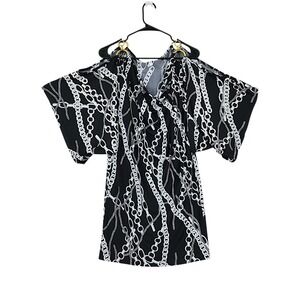 Vtg Cache Tunic Top M Wom Black White Cold Shoulder Gold Chains Glam Mobwife USA